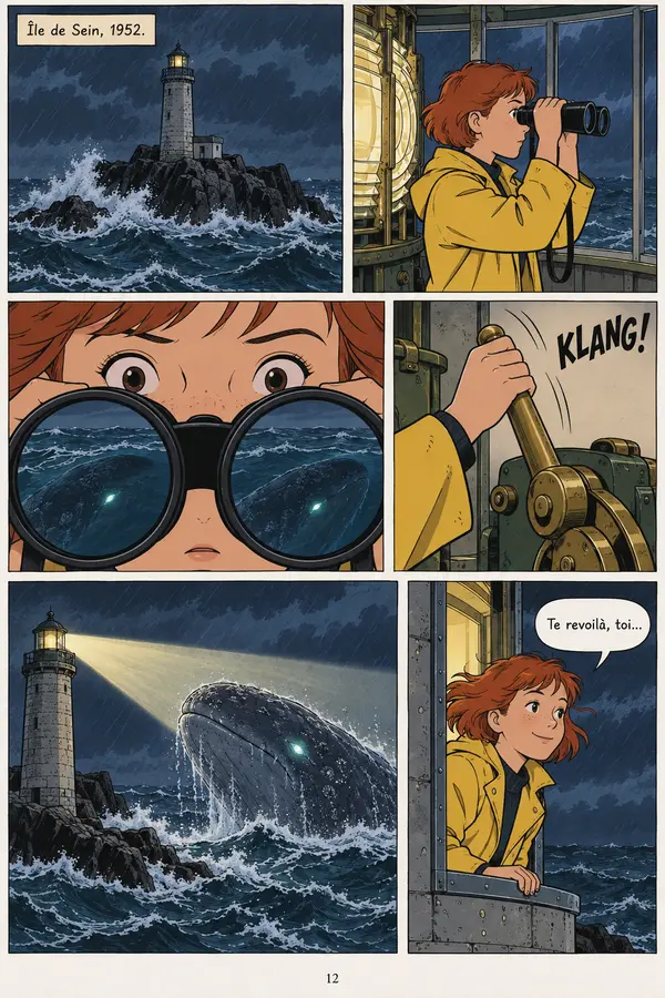 A six-panel comic page: a lighthouse in a storm, a girl in a yellow raincoat, a whale lit by the beam