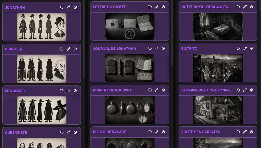 Characters, places and objects of Dracula in ScreenWeaver: Jonathan, Dracula, the coachman, the Count's letter, Bistritz