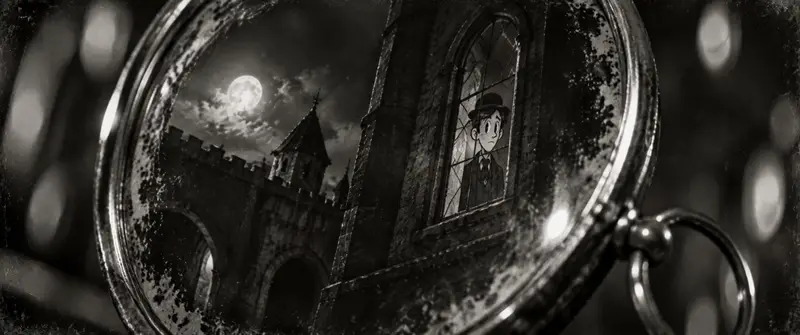 Dracula storyboard frame: the castle and Jonathan at a window, reflected in a hand mirror