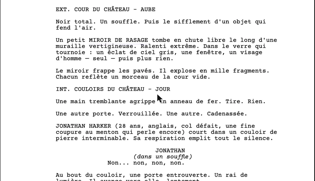 A page of the Dracula screenplay in ScreenWeaver, in French: the castle courtyard at dawn