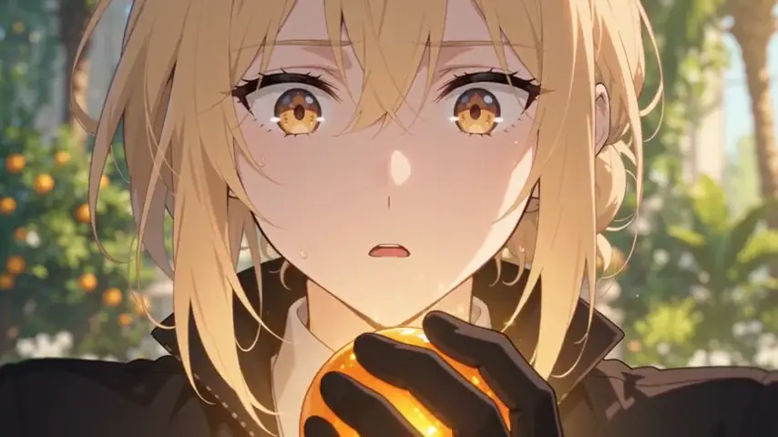 Anime shot from the Imaginarium webtoon: a blonde girl holding an orange in a jungle