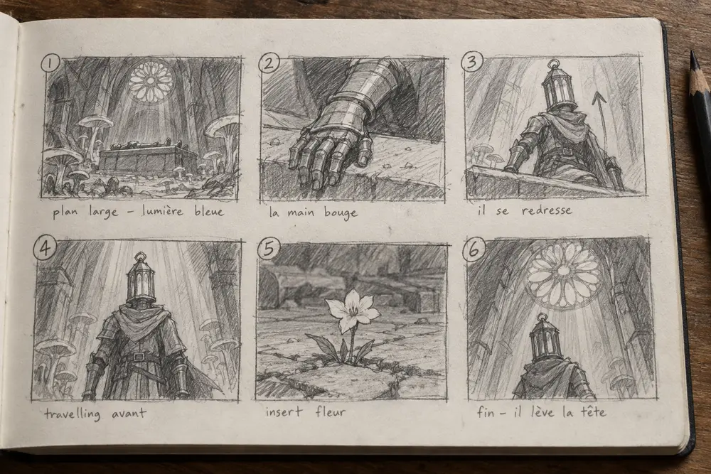 A notebook page with six numbered pencil sketches of a knight in a ruined chapel, with handwritten shot notes