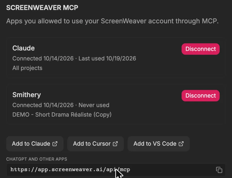 The Connected apps panel in ScreenWeaver: Claude connected, buttons to add ScreenWeaver to Claude, Cursor or VS Code, and the server URL for ChatGPT