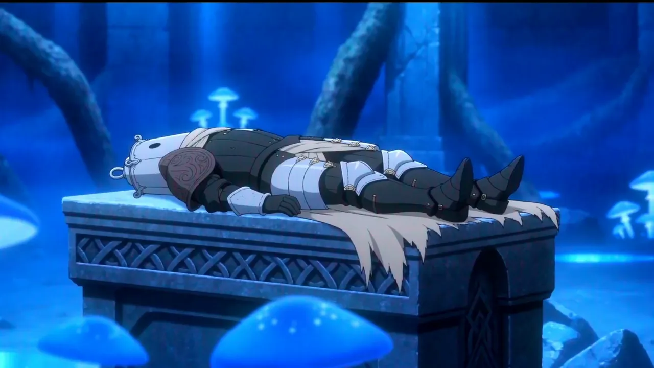 Lost Garden in 16:9: the Lantern Knight lying on a stone altar among glowing blue mushrooms