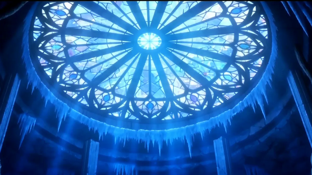 Anime shot from Lost Garden episode 1: a huge frozen rose window glowing blue above the sanctuary