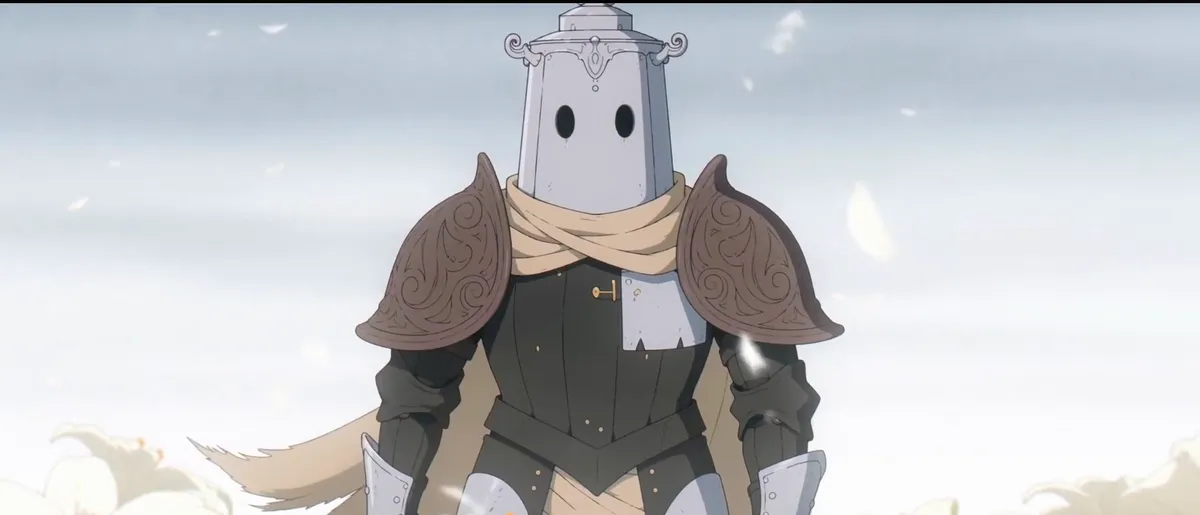 Anime shot: the Lantern Knight in a medium shot, in an overexposed white world