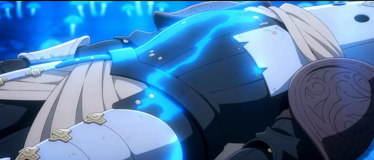 Anime shot: blue light running through the knight's armour on the altar