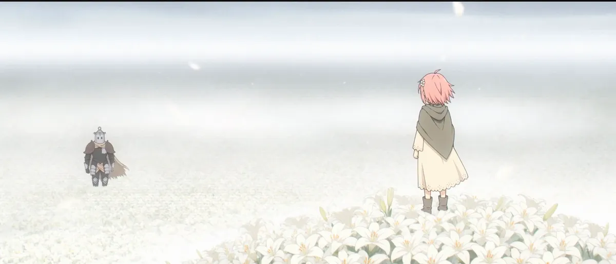 Anime wide shot: the knight small on the left, Rose standing on the right, lilies to the horizon