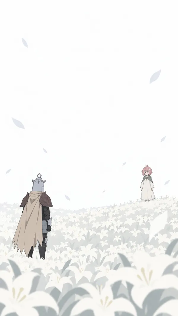 Tall webtoon panel: the knight at the bottom of a field of lilies, Rose far away on a rise