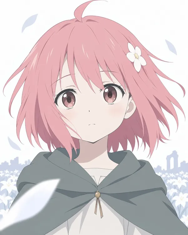 Webtoon panel: close-up of Rose, pink hair, a white flower, a green cape