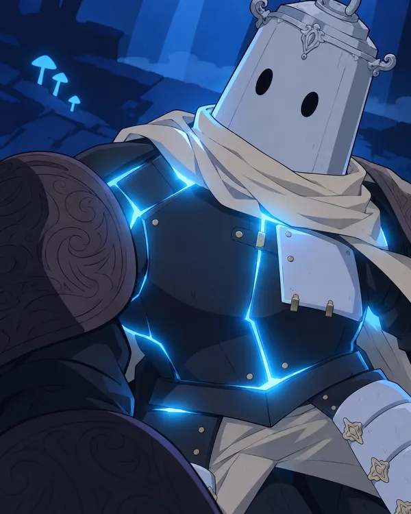 Webtoon panel: the Lantern Knight's armour lit by glowing blue cracks