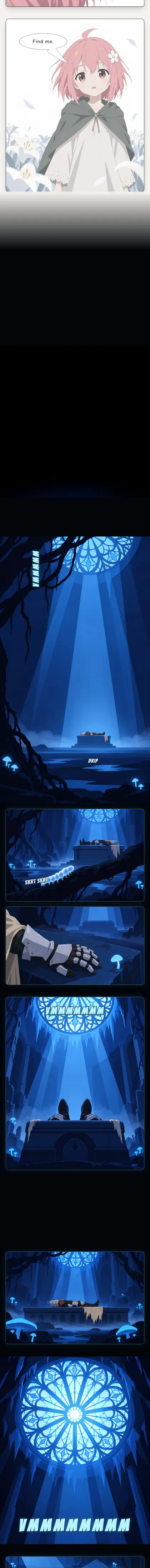 The Lost Garden episode 1 webtoon scrolling on a phone: the Lantern Knight in a field of white lilies, then the blue sanctuary