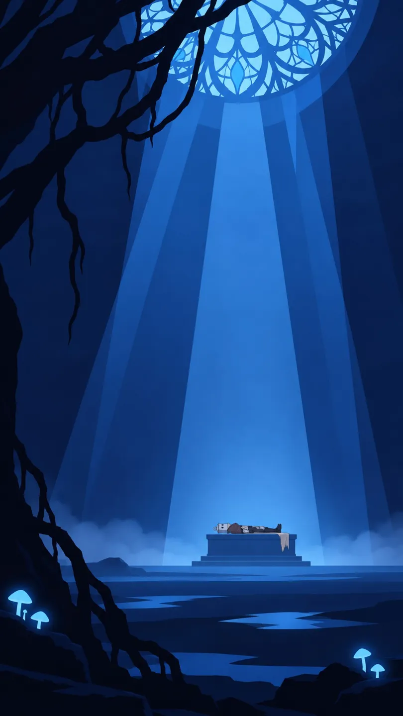Κάθετο καρέ 9:16 από το webtoon του Lost Garden: φως πέφτει από έναν ρόδακα πάνω στον βωμό ενός μπλε ιερού